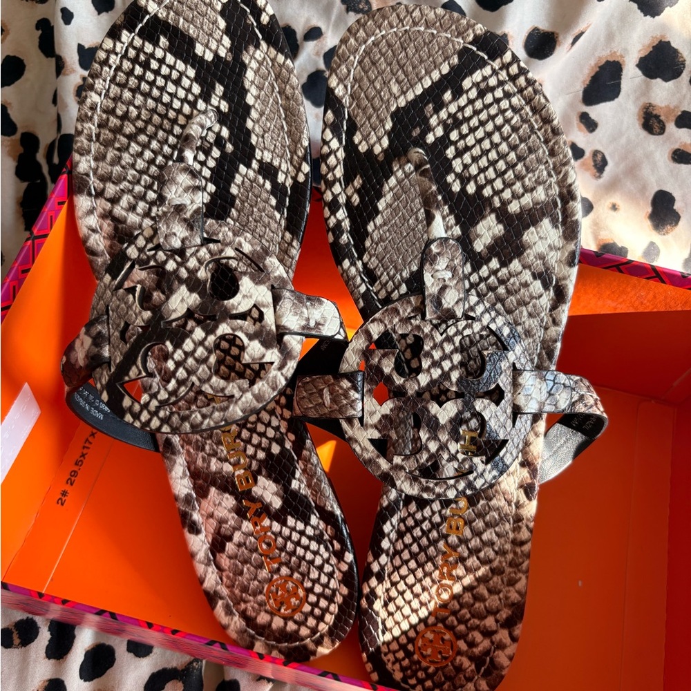 Tory Burch Women's Snakeskin Sandals - Black and Tan